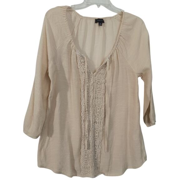 Spence Boho Tunic Top Women's Sz M Tan Adjustable Tie 3/4 Sleeve Pullover Lace - Picture 1 of 16